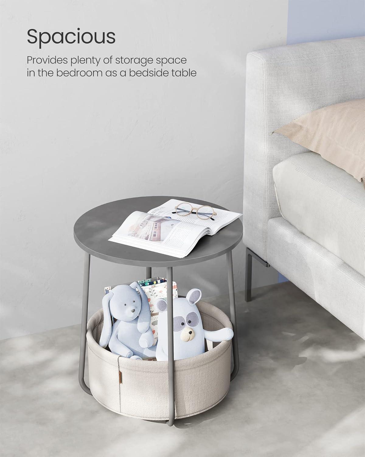 Cement Gray Round Metal End Table with Fabric Basket