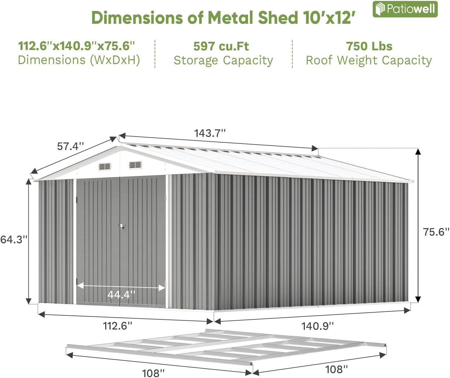 Patiowell 12'x10' Outdoor Storage Shed with Design of Double Lockable Doors Roof ,Utility Storage, Gray