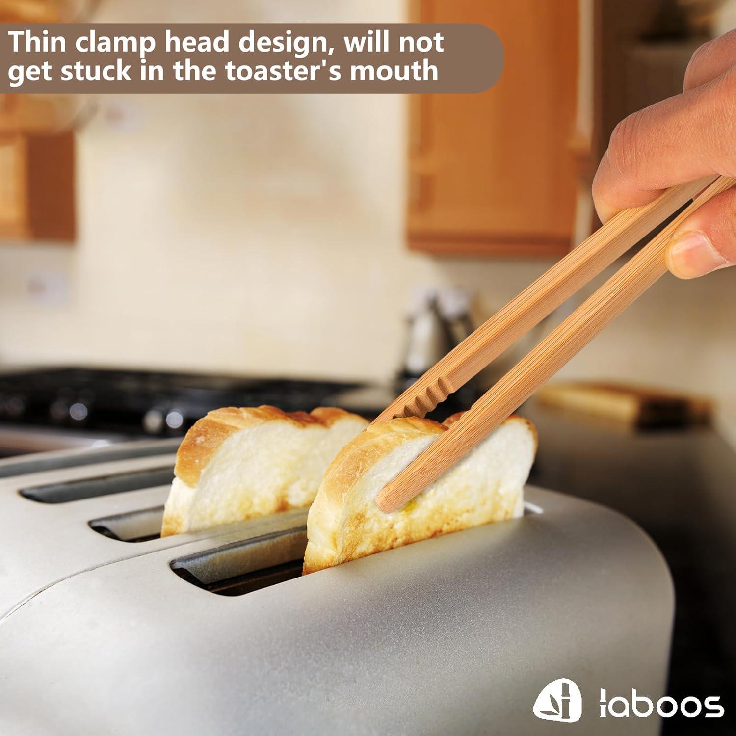 Reusable Classic Bamboo Toast Tongs - Wood Cooking Tong,Ideal for Toaster,Fruits, Bread & Pickles, Kitchen Utensil For Cheese Bacon Muffin Fruits Bread - 8" Long | Set of 2