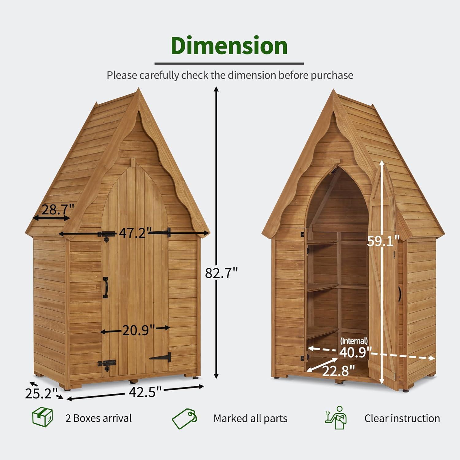 Natural Fir Wood Tall Outdoor Storage Shed with Wavy Roof