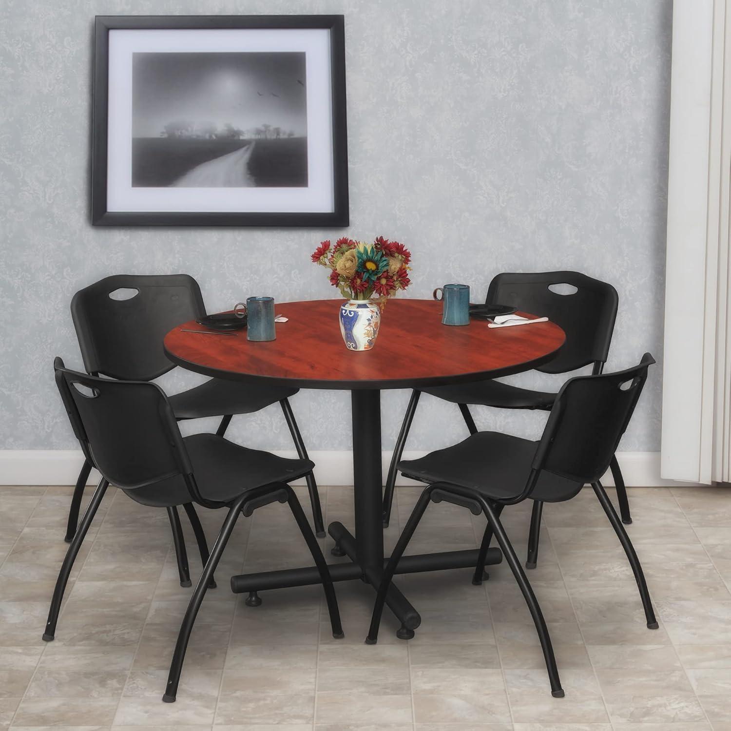 Kobe 48" Round Cherry Table with 4 Black Metal Chairs