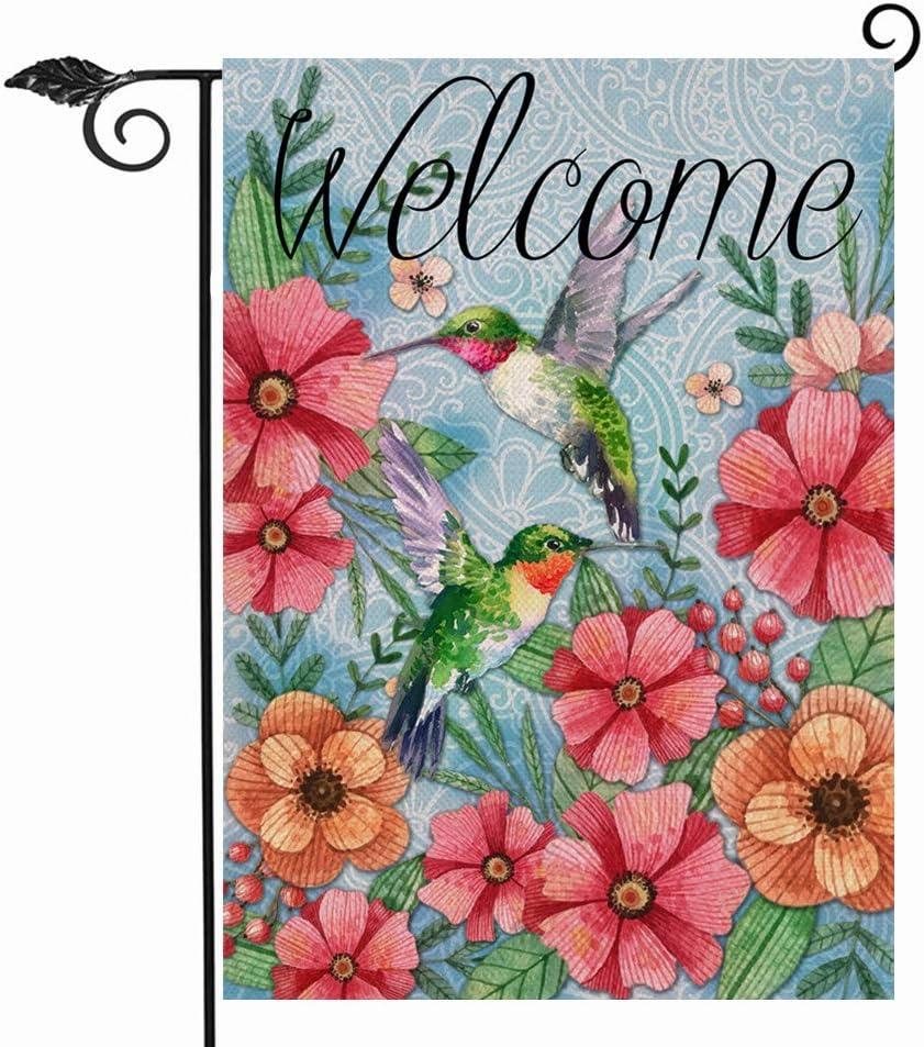 Jbralid Welcome Spring Garden Flag Hummingbird, Decorative House Yard Lawn Outdoor Small Burlap Bird Flag Flower Decor, Vintage Summer Farmhouse Seasonal Outside Decorations Double Sided 12 x 18