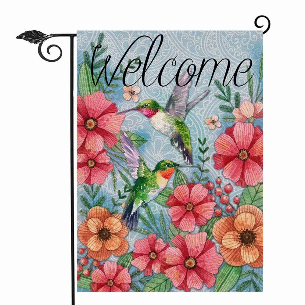 Jbralid Welcome Spring Garden Flag Hummingbird, Decorative House Yard Lawn Outdoor Small Burlap Bird Flag Flower Decor, Vintage Summer Farmhouse Seasonal Outside Decorations Double Sided 12 x 18