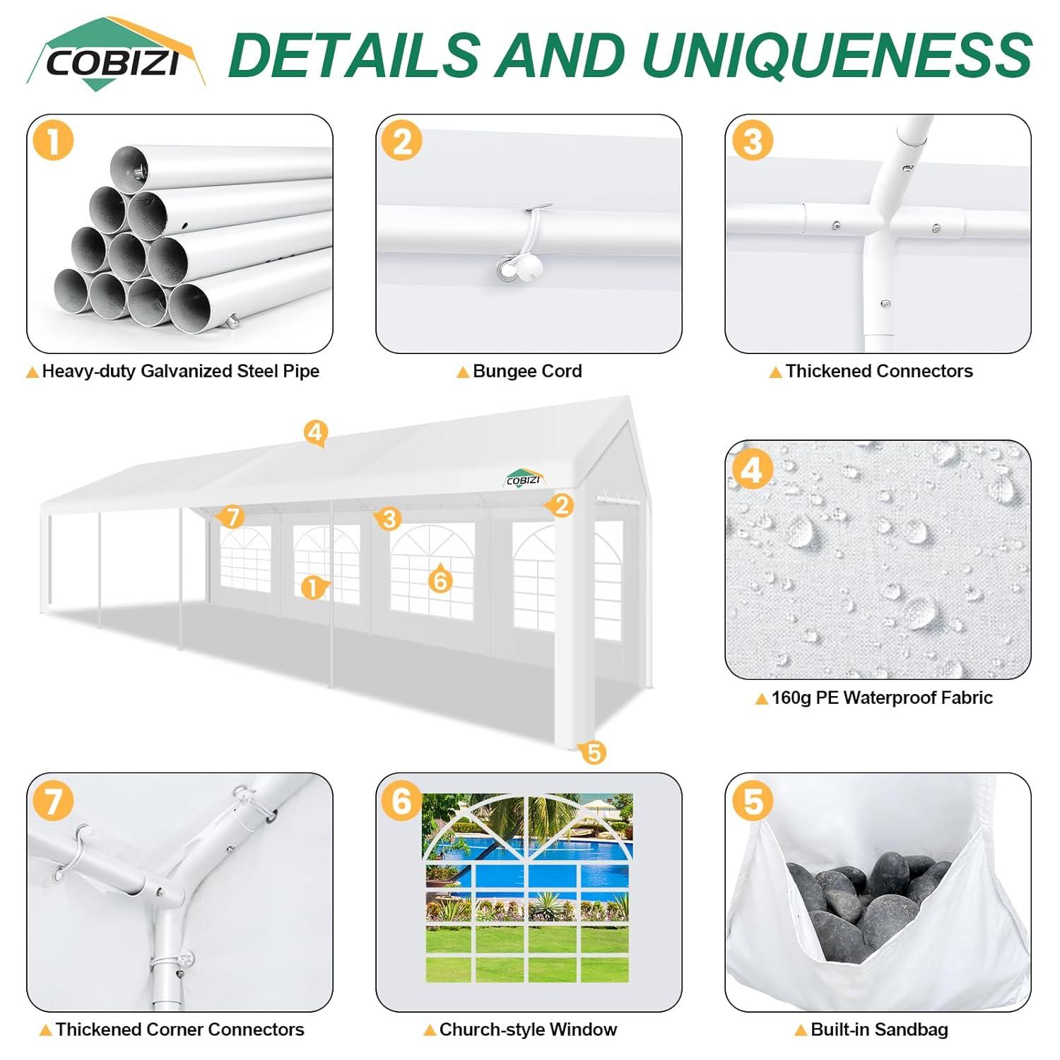 COBIZI 10x30ft Party Tent Heavy Duty, Wedding Tent, Event Tent for Parties, Carpas para Fiestas with 6 Removable Sidewalls, 10x30 Tent with Built-in Sandbag, UV50+, Waterproof, Carport, White