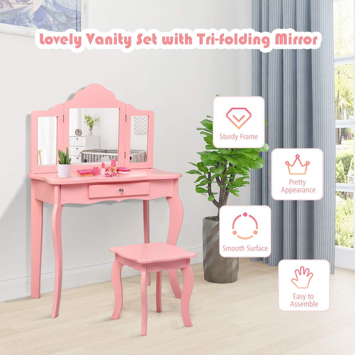 Infans Kids Vanity Table & Stool Princess Dressing Make Up Play Set for Girls Pink