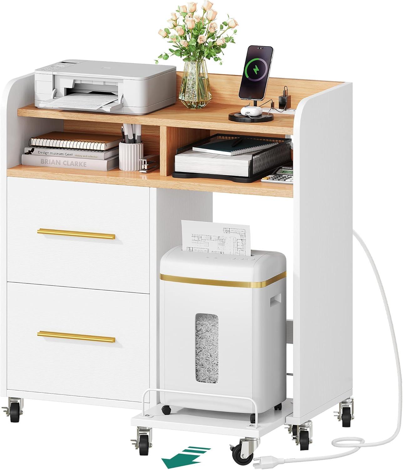 DWVO File Cabinet with Charging Station and Paper Shredder Stand, Printer Table Cabinet Rolling File Cabinet with 2 Drawers and Open Storage Shelves for Home Office, White