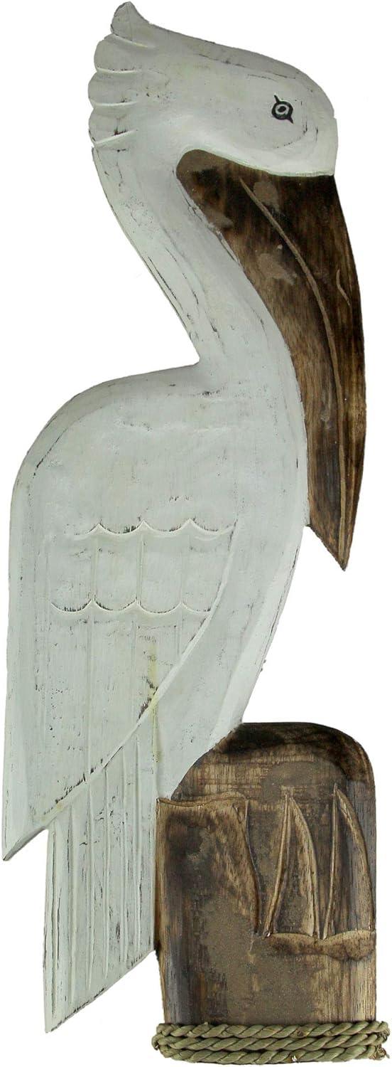 White and Brown Wood Coastal Pelican Wall Sculpture