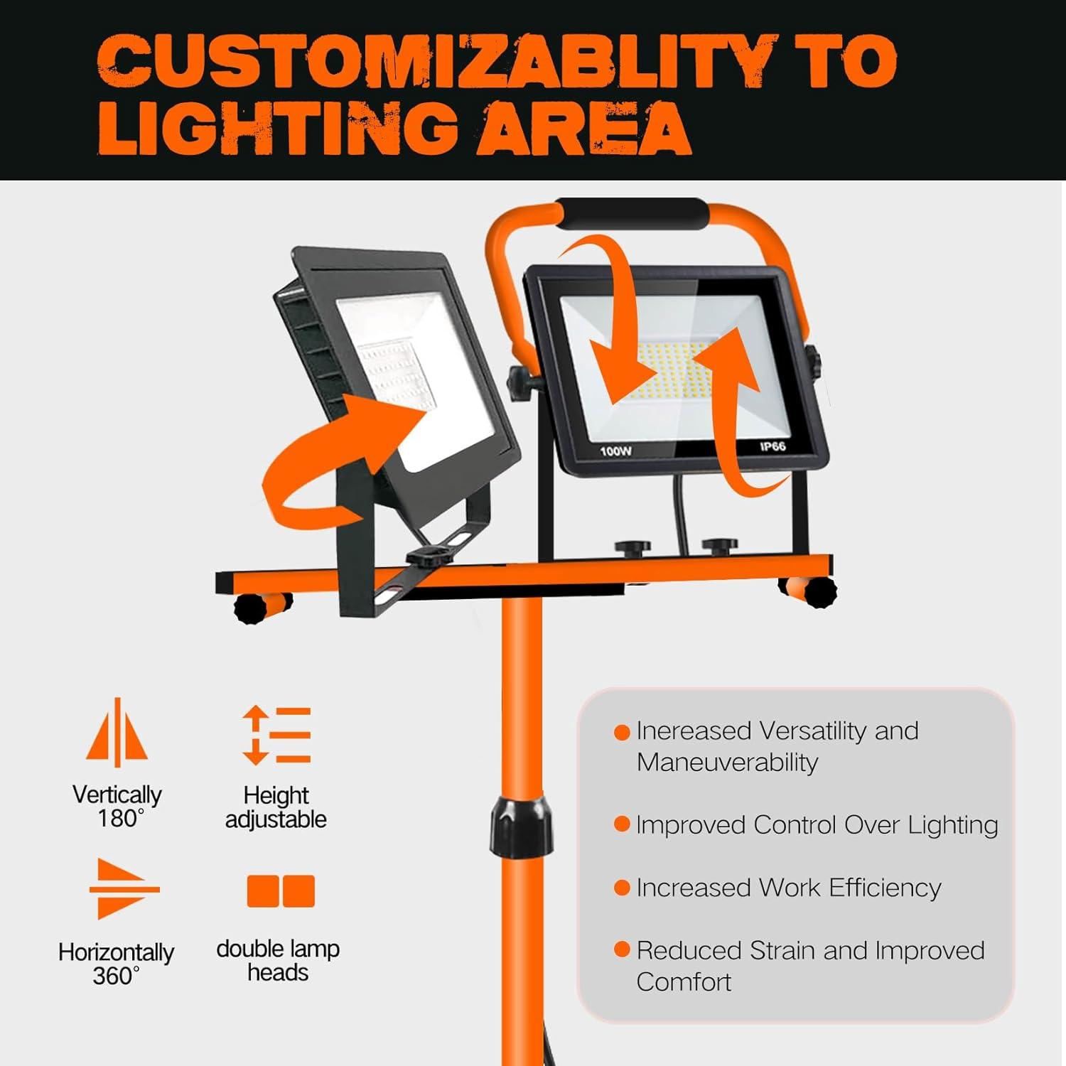 21000 Lumen Work Lights with Stand，3 Adjustable Head LED Work Light, with Adjustable and Foldable Tripod Stand, Waterproof Lamp with Individual Switch with 6500 Kelvin Color Temperature