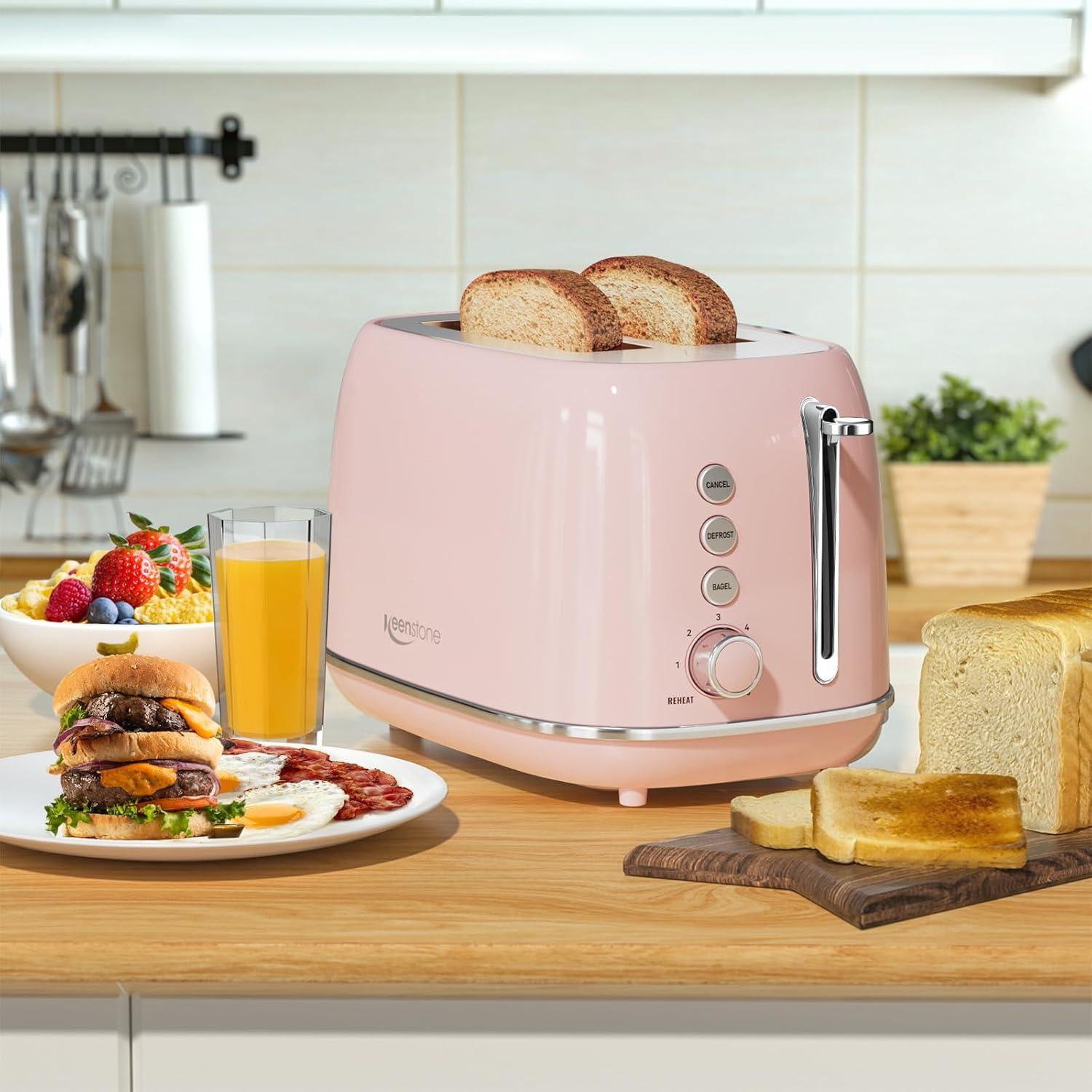 2 Slice Toaster Retro Stainless Steel Toaster with Bagel, Cancel, Defrost Function and 6 Bread Shade Settings Bread Toaster, Extra Wide Slot and Removable Crumb Tray (Pink)