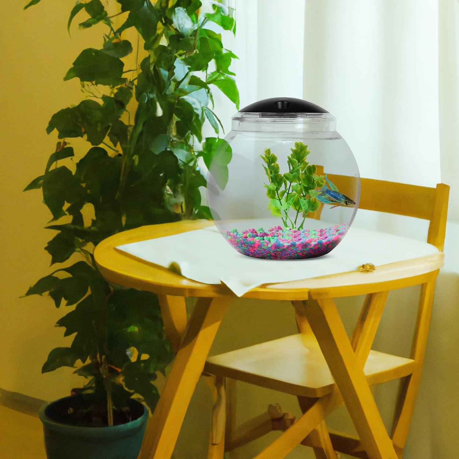 Koller Products 1-Gallon Globe Fish Bowl, Impact- Resistant Plastic Aquarium Starter Kits with LED Lighting, Buit-in Timer, Crystal-Clear Clarity, Desktop Fish Tank for Home Décor