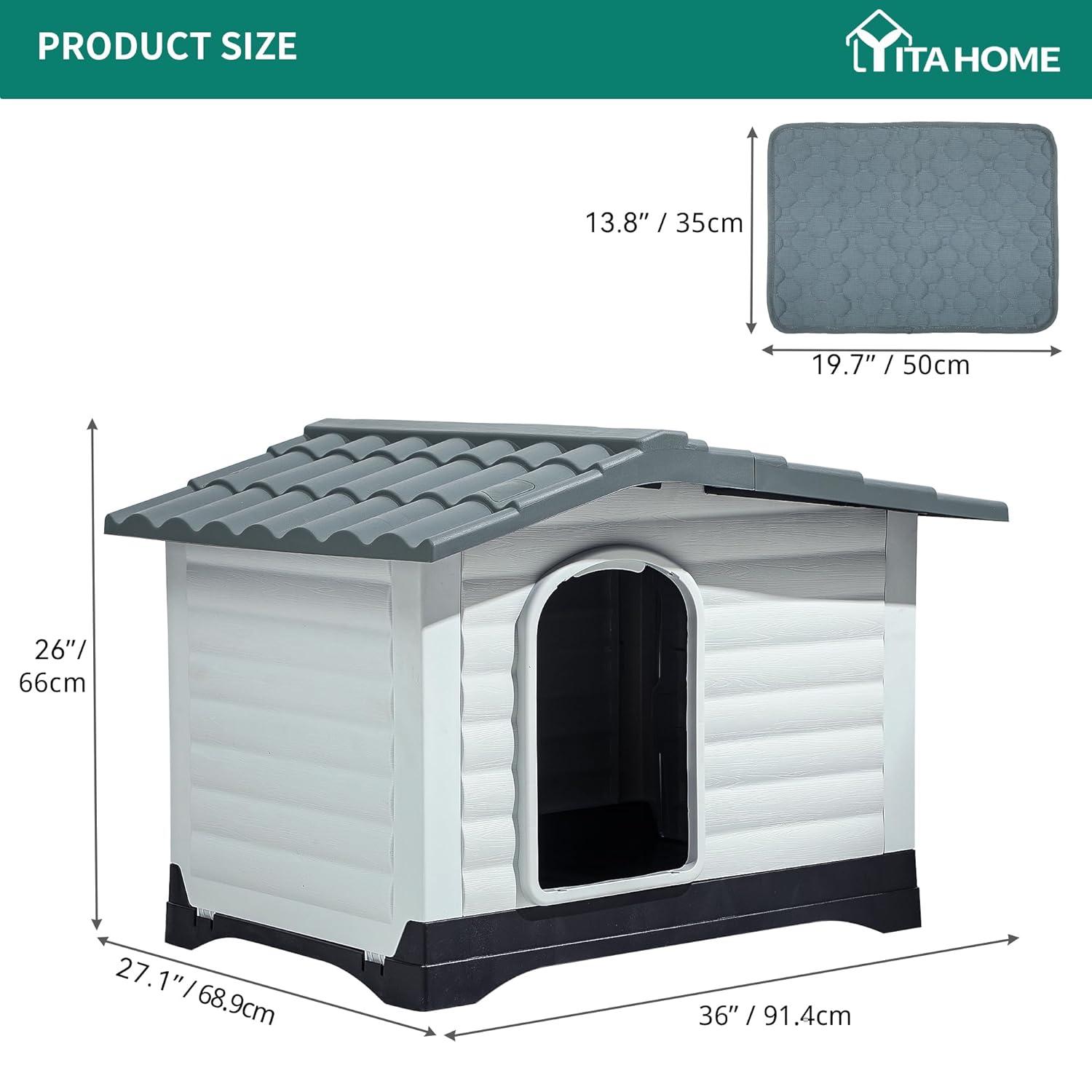 YITAHOME 36'' Large Double Door Dog House with Porch & Cushion, Outdoor Plastic Doghouse with Elevated Base, Easy to Install, Water-Resistant Pet House for Small Medium Dogs (36''L*27.1''W*26''H)