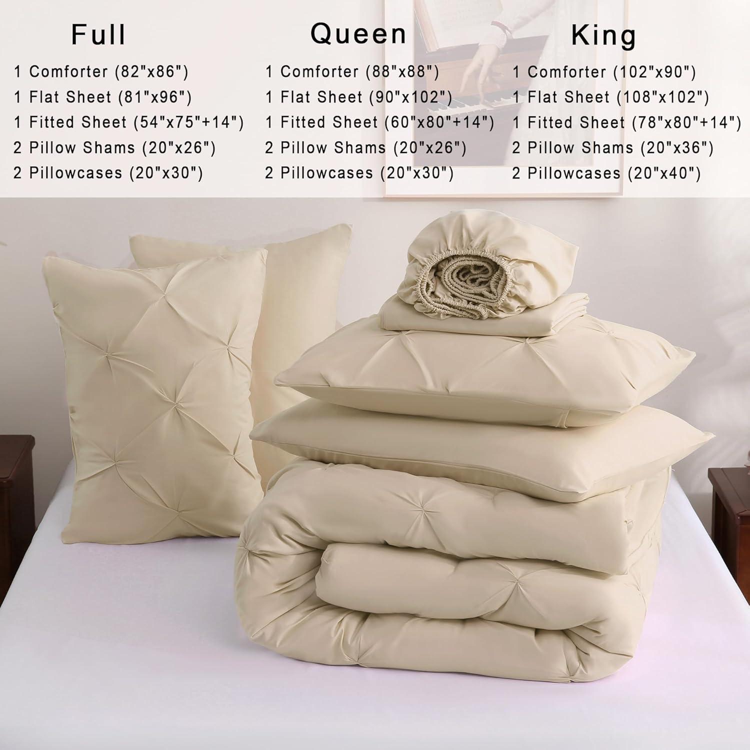 CozyLux Beige Comforter Set Queen 7 Pieces Bed in A Bag Cream Off White Pintuck Comforters Queen Size Pinch Pleat Bedding Sets with All Season Comforter, Flat Sheet, Fitted Sheet and Pillowcases&Shams