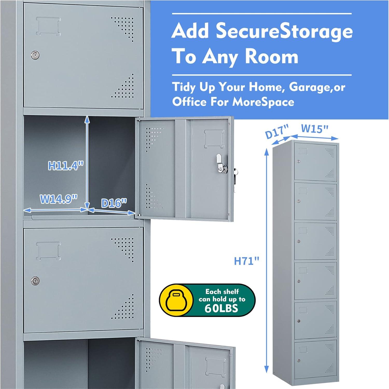 SISESOL Metal Locker Storage Cabinet with Doors and Shelves Metal Lockers with 6 Doors,71" Lockable Small Locker Storage Cabinet for Employees,School, Office, Home, Gym (Gray)