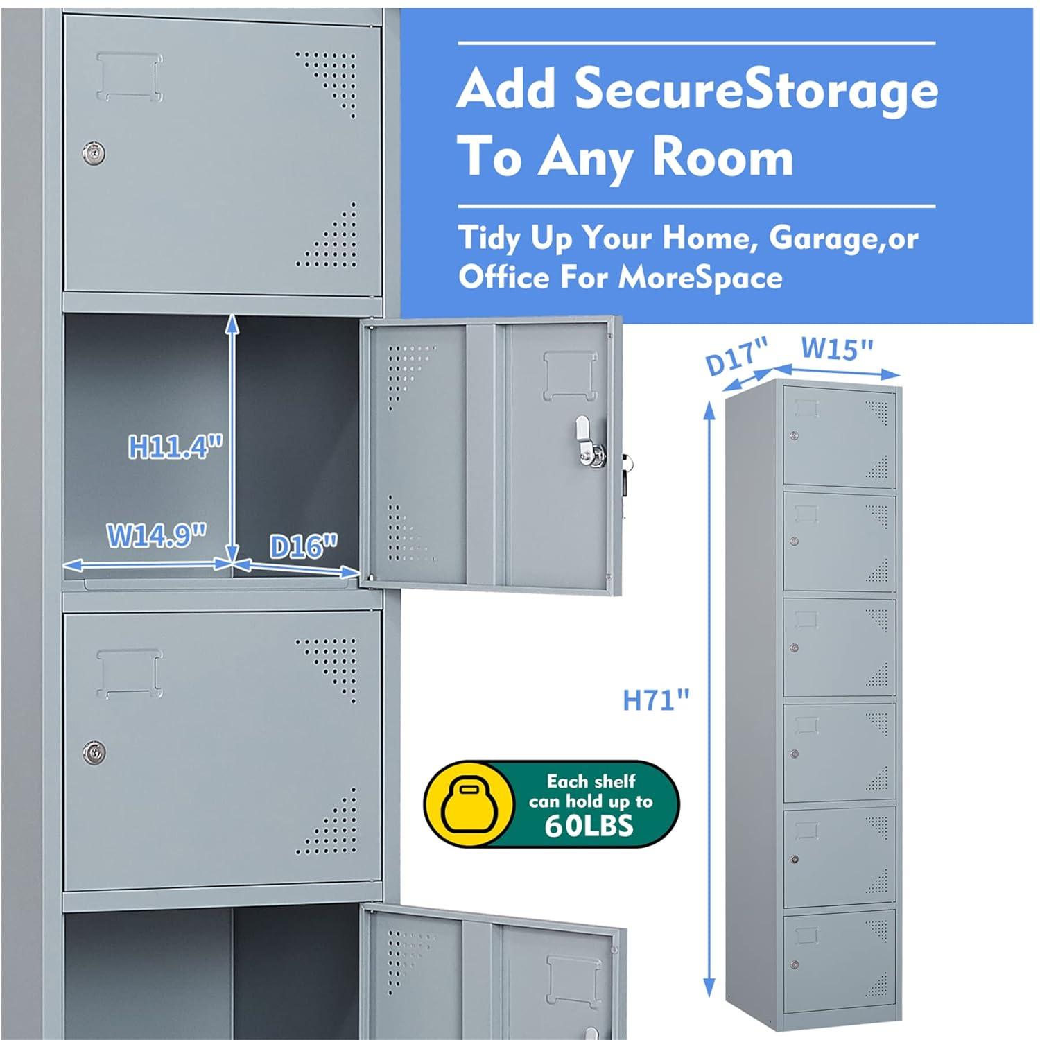 SISESOL Metal Locker Storage Cabinet with Doors and Shelves Metal Lockers with 6 Doors,71" Lockable Small Locker Storage Cabinet for Employees,School, Office, Home, Gym (Gray)
