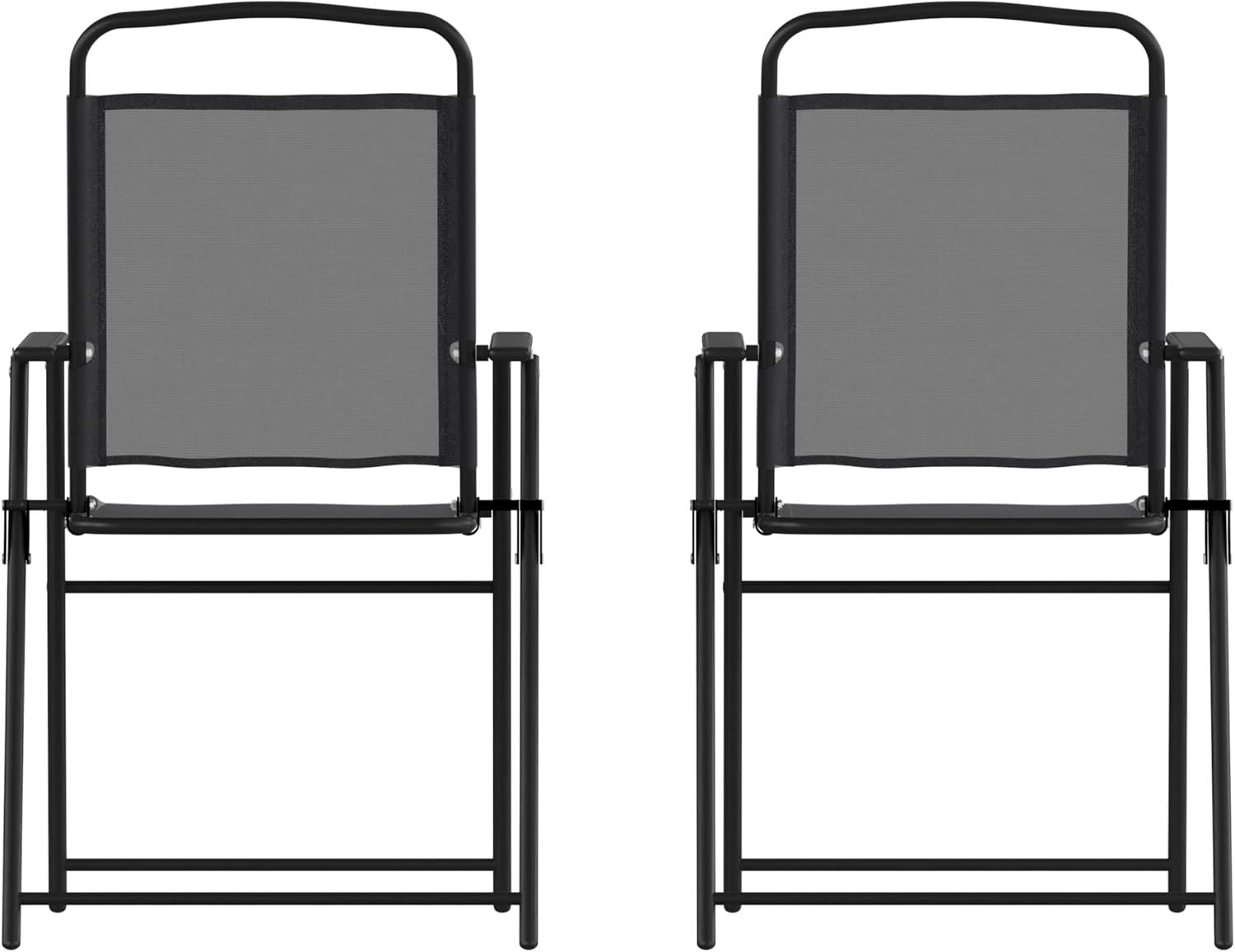 Flash Furniture Set of 2 Mystic Folding Patio Sling Chairs, Outdoor Textilene Lawn Chairs with Armrests in Black