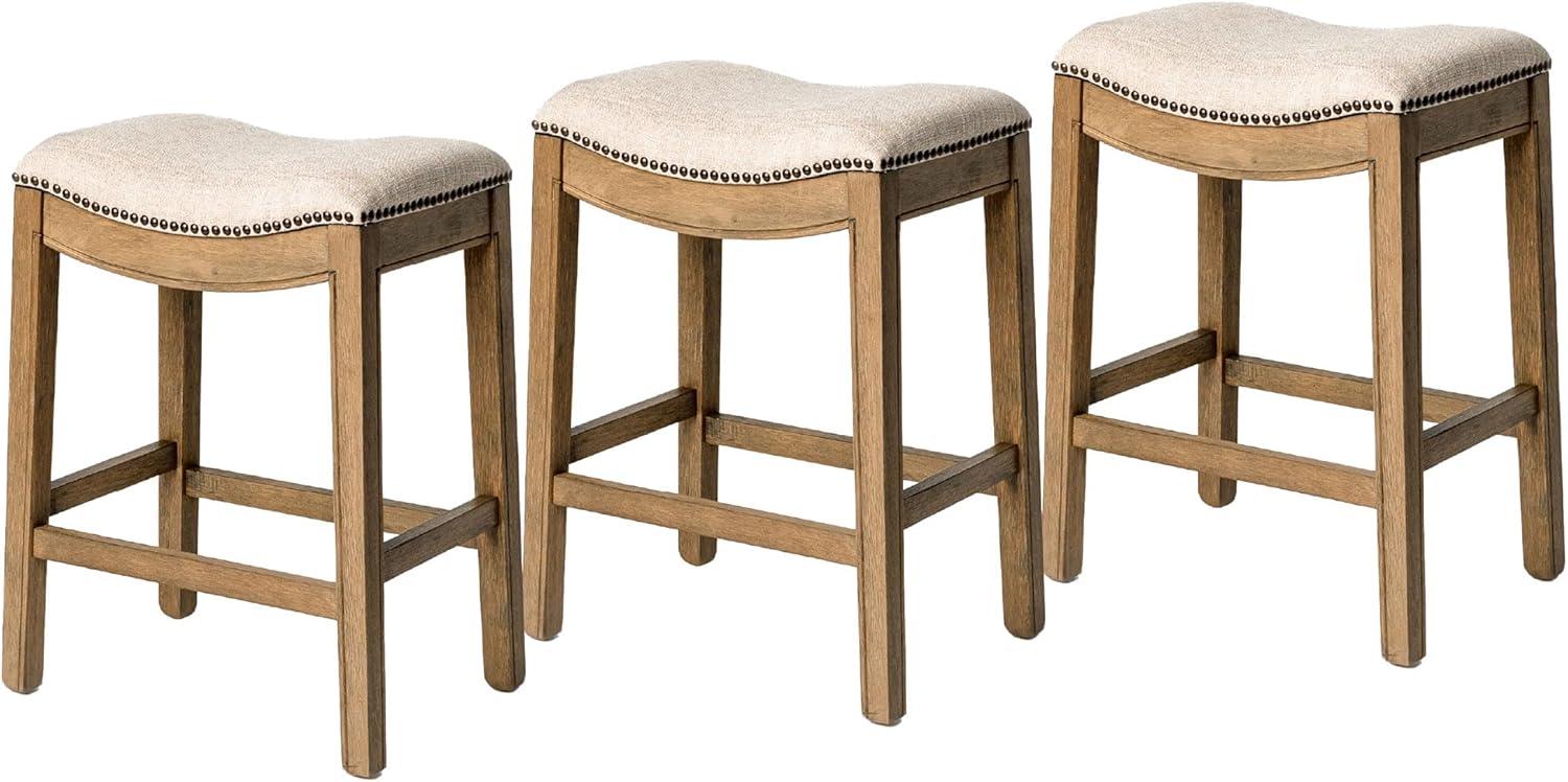 Maven Lane Adrien 26 Inch Counter Height Upholstered Backless Saddle Barstool in Natural Wood Finish with Wheat Cream Fabric Cushion Seat, Set of 3