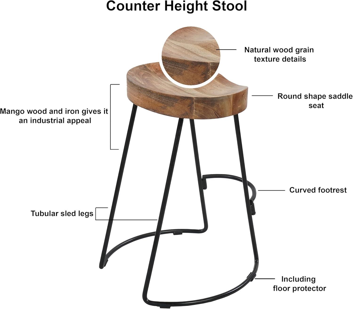 The Urban Port 24 Inch Mango Wood Industrial Counter Height Stool, Saddle Seat, Iron, Set of 2, Brown, Black
