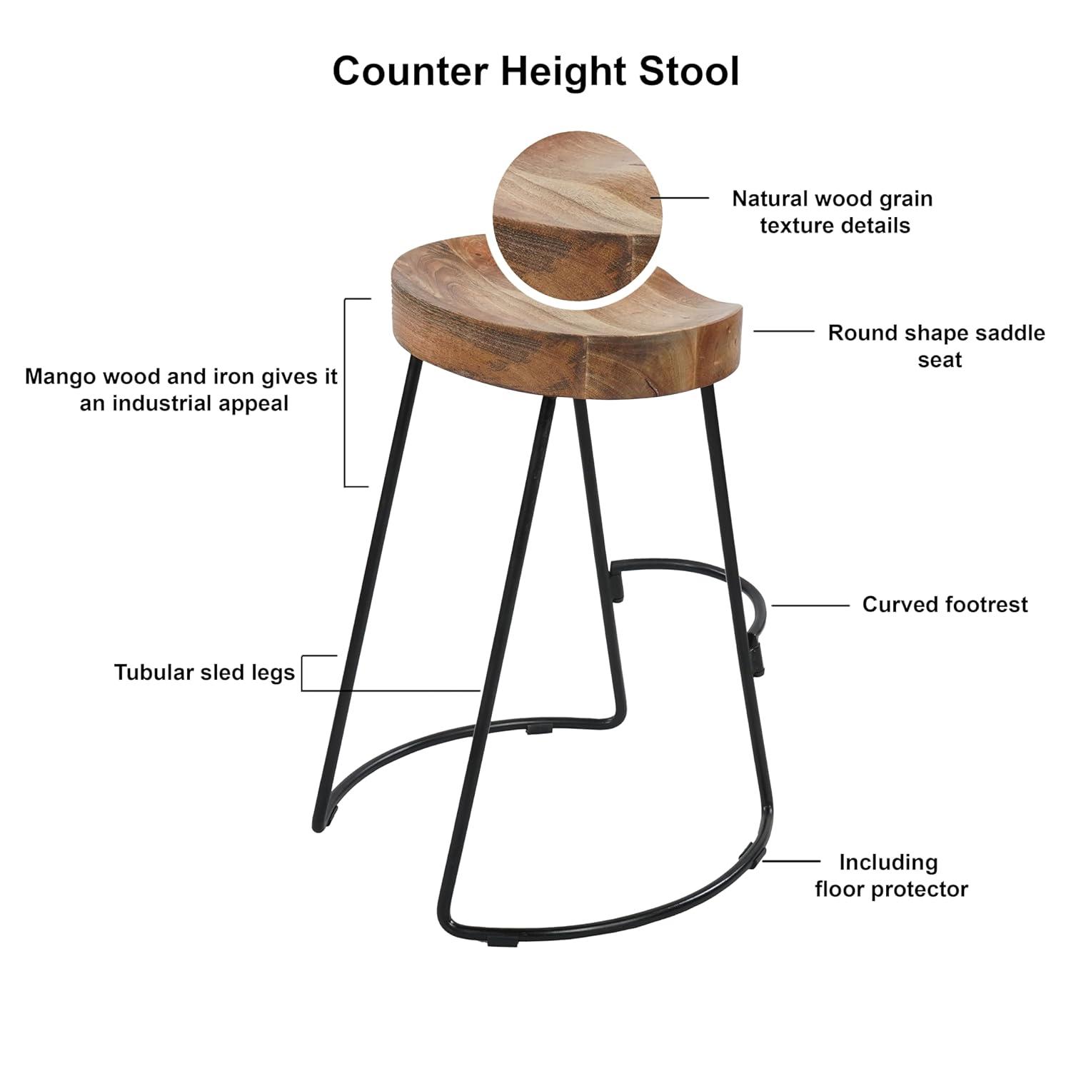 The Urban Port 24 Inch Mango Wood Industrial Counter Height Stool, Saddle Seat, Iron, Set of 2, Brown, Black