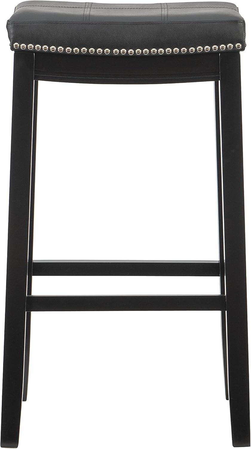 Claridge Backless Faux Leather Nailhead Saddle Barstool Black - Linon: Rubberwood Frame, 32.25" Height