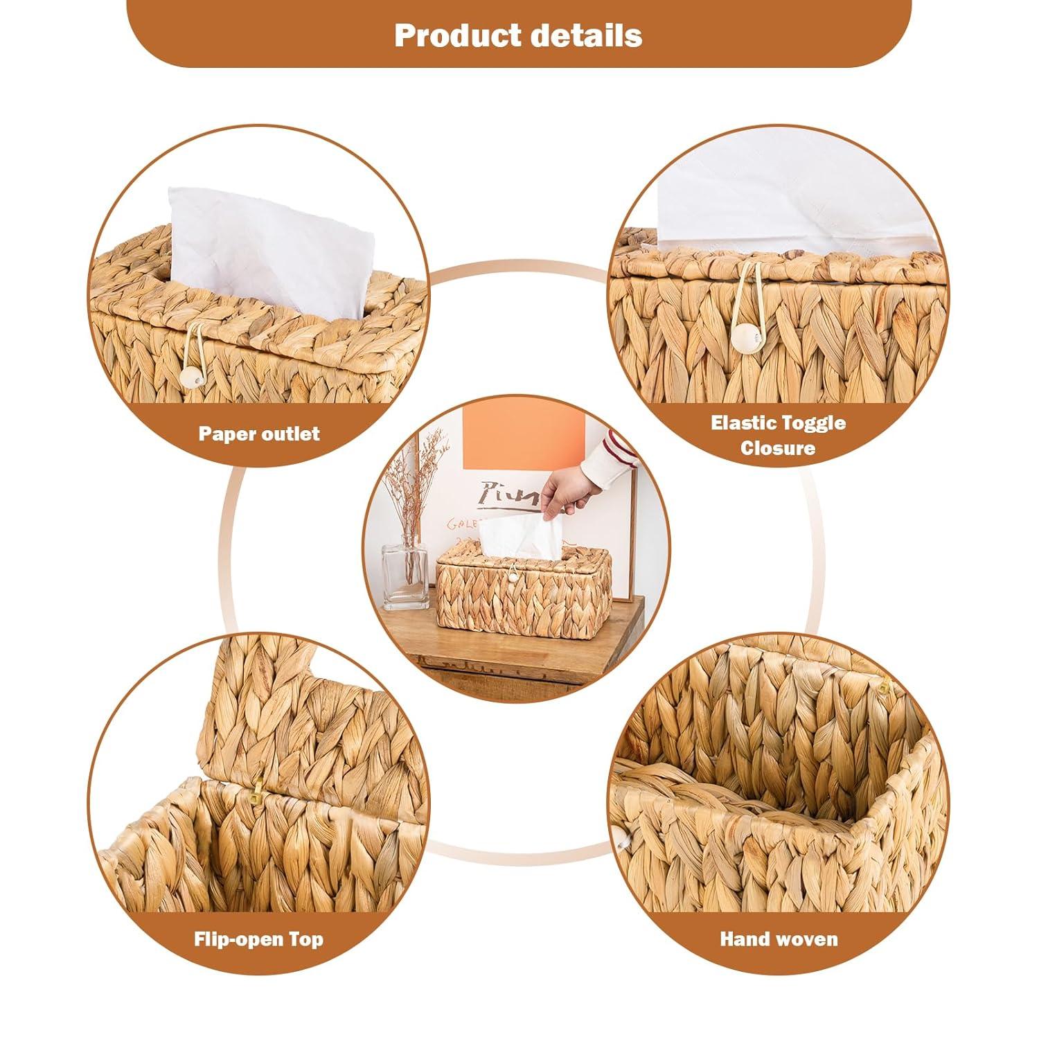 PINXIURY Water Hyacinth Handwoven Tissue Box Cover, Natural Handmade Wicker Napkin Box Holder, Handcrafted Square Facial Tissue, Rustic Decorative on Table and Bathroom, Office, Boho Decorative