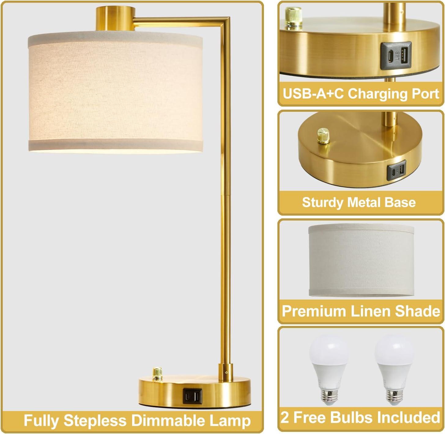 Table Lamp for Bedroom Set of 2 with USB C+A Ports, Fully Bedside Lamp with Linen Lampshade, Nightstand Lamp for Living Room Reading Office, 2 LED Bulbs Included (Gold)