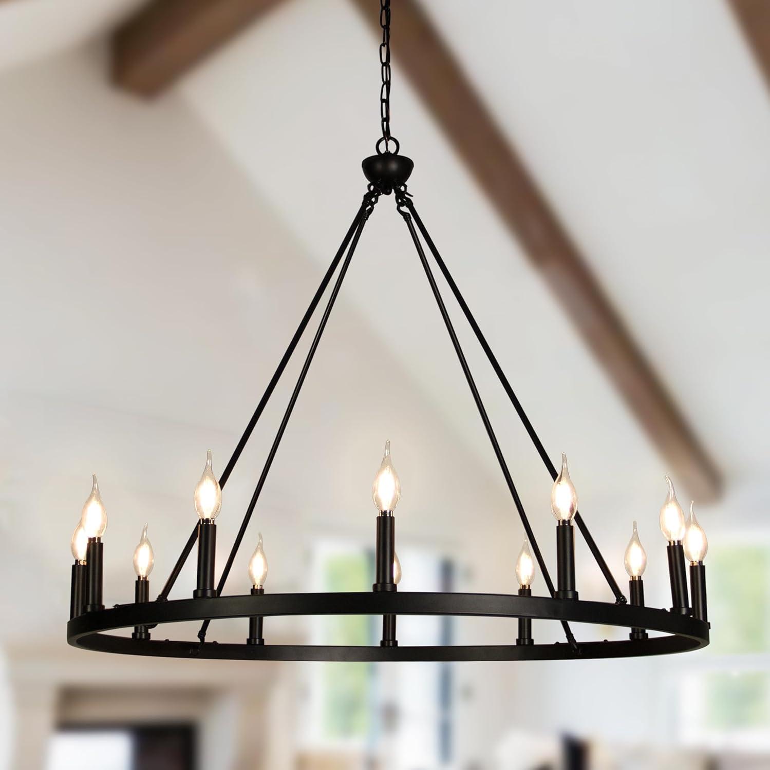 Matte Black Metal 12-Light Candle Style Chandelier