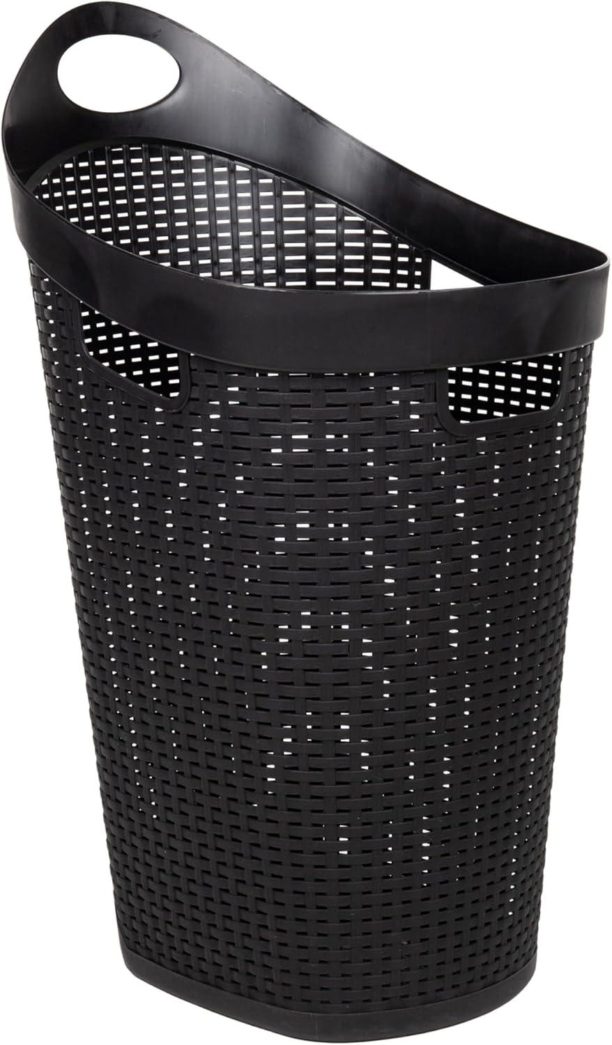 Black Plastic Wicker Style Rolling Laundry Hamper with Lid