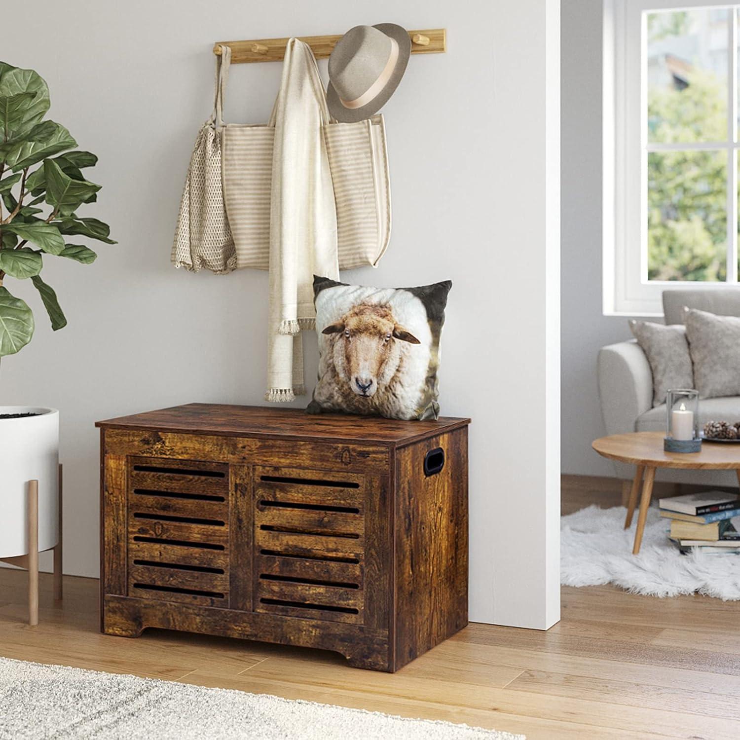 Rustic Brown Wooden Flip-Top Storage Chest with Safety Hinges