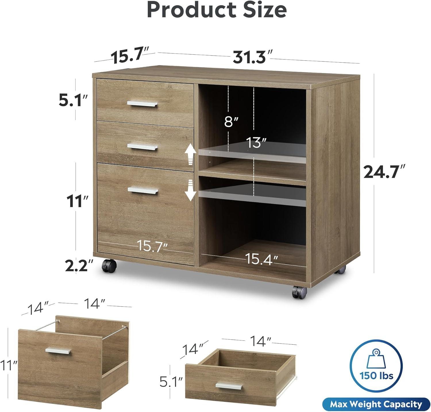 DEVAISE 3-Drawer Wood File Cabinet, Mobile Lateral Filing Cabinet, Printer Stand with Open Storage Shelves for Home Office