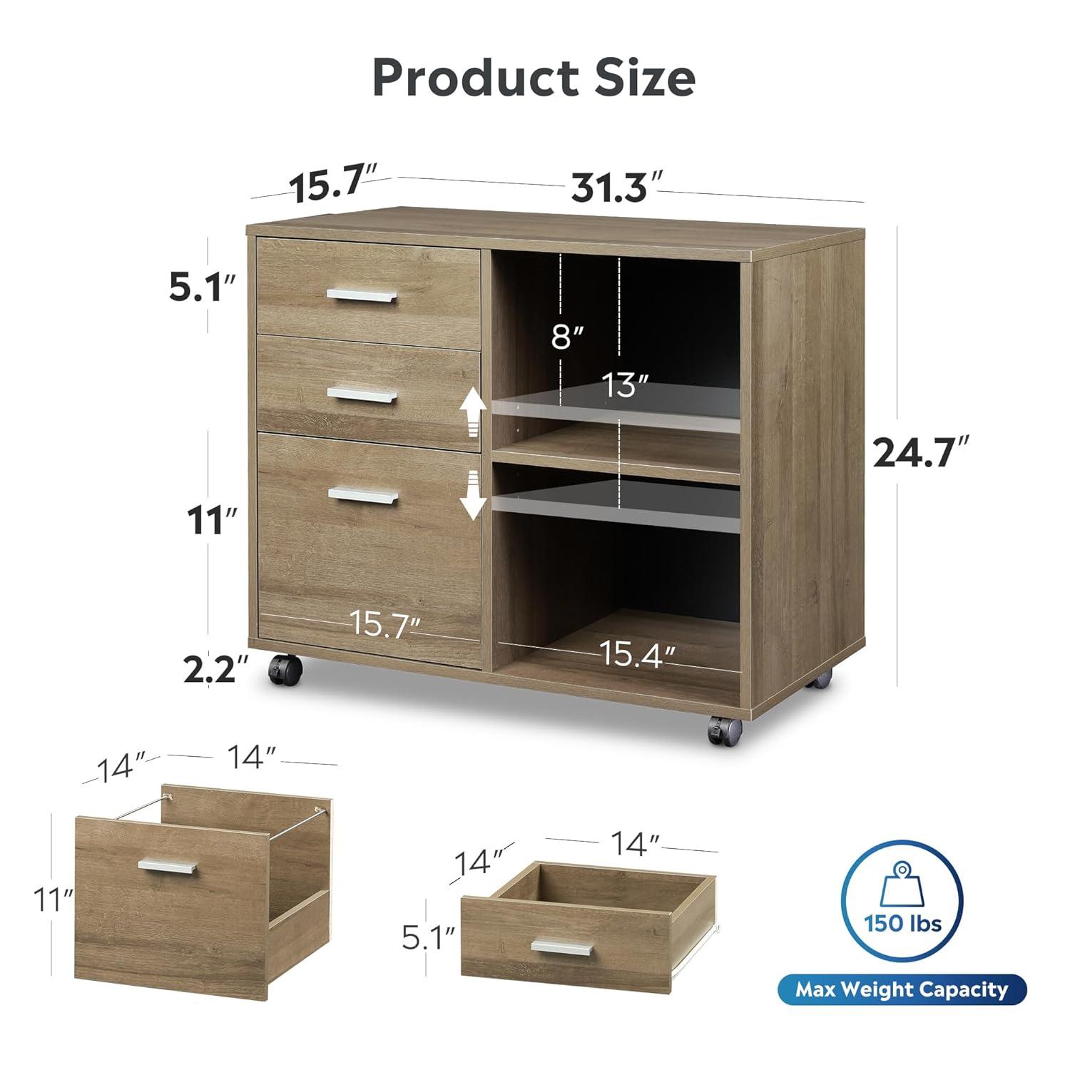GALAXHERO 3-Drawer Wood Mobile File Cabinet, Lateral Filing Cabinet with Printer Stand and Open Shelves for Home Office, Gray Oak