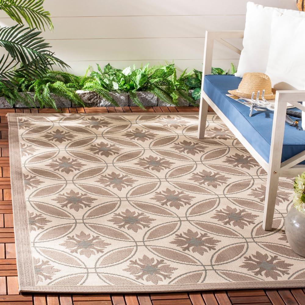 Beige Floral Synthetic 5' x 7' Outdoor Area Rug