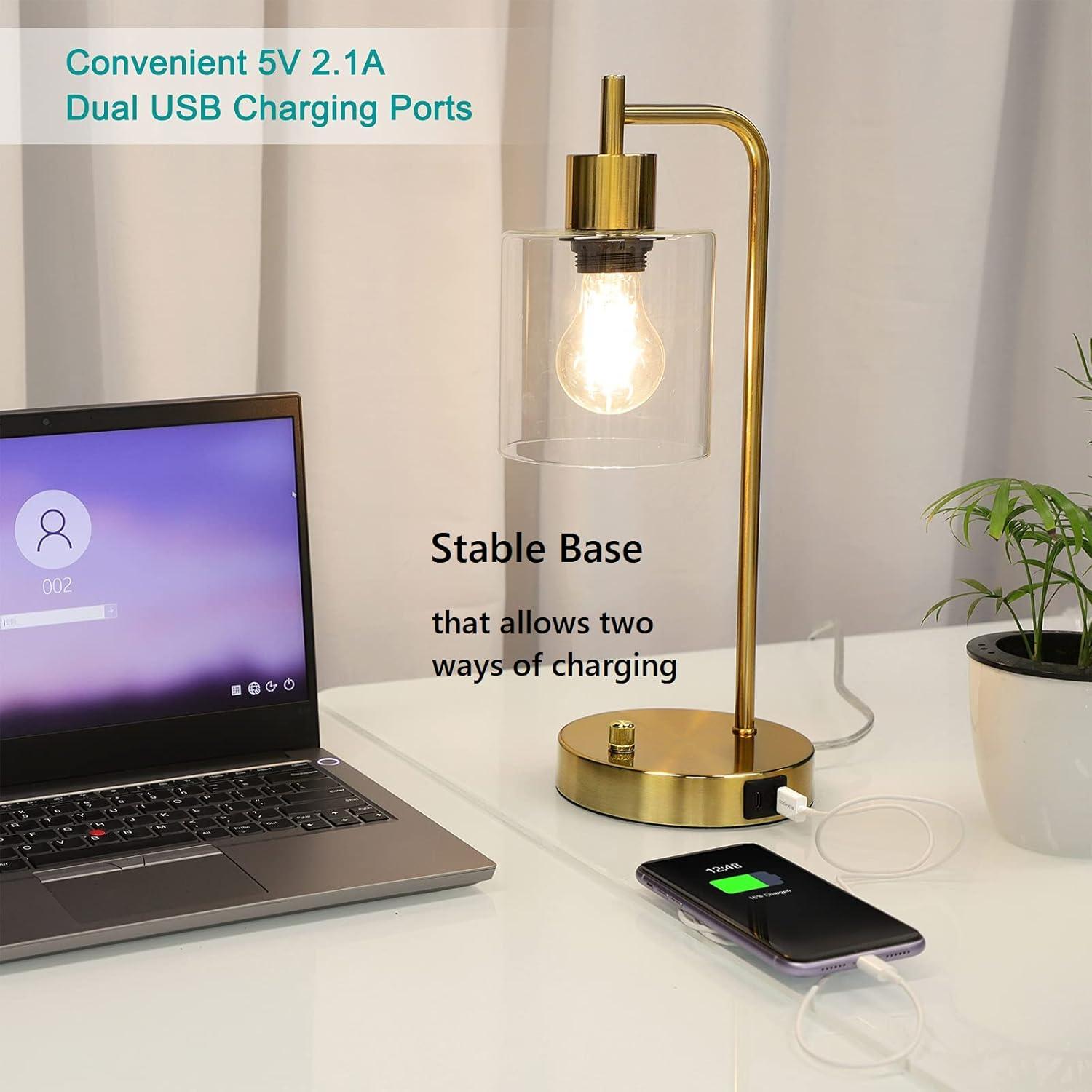 【Upgraded】Set of 2 Industrial Table Lamps with 2 USB Port, Fully Stepless Dimmable Bedside Lamps for Bedroom, Nightstand Desk Lamps with Glass Shade for Bedroom Living Room Office 2 LED Bulb Included