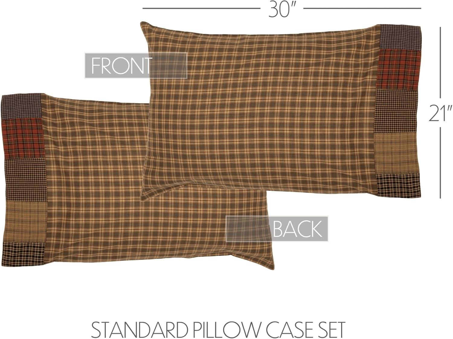 VHC Brands Ridge Plaid Cotton Rustic Bedding Patchwork Standard Pillow Case Set of 2, Cedar Green