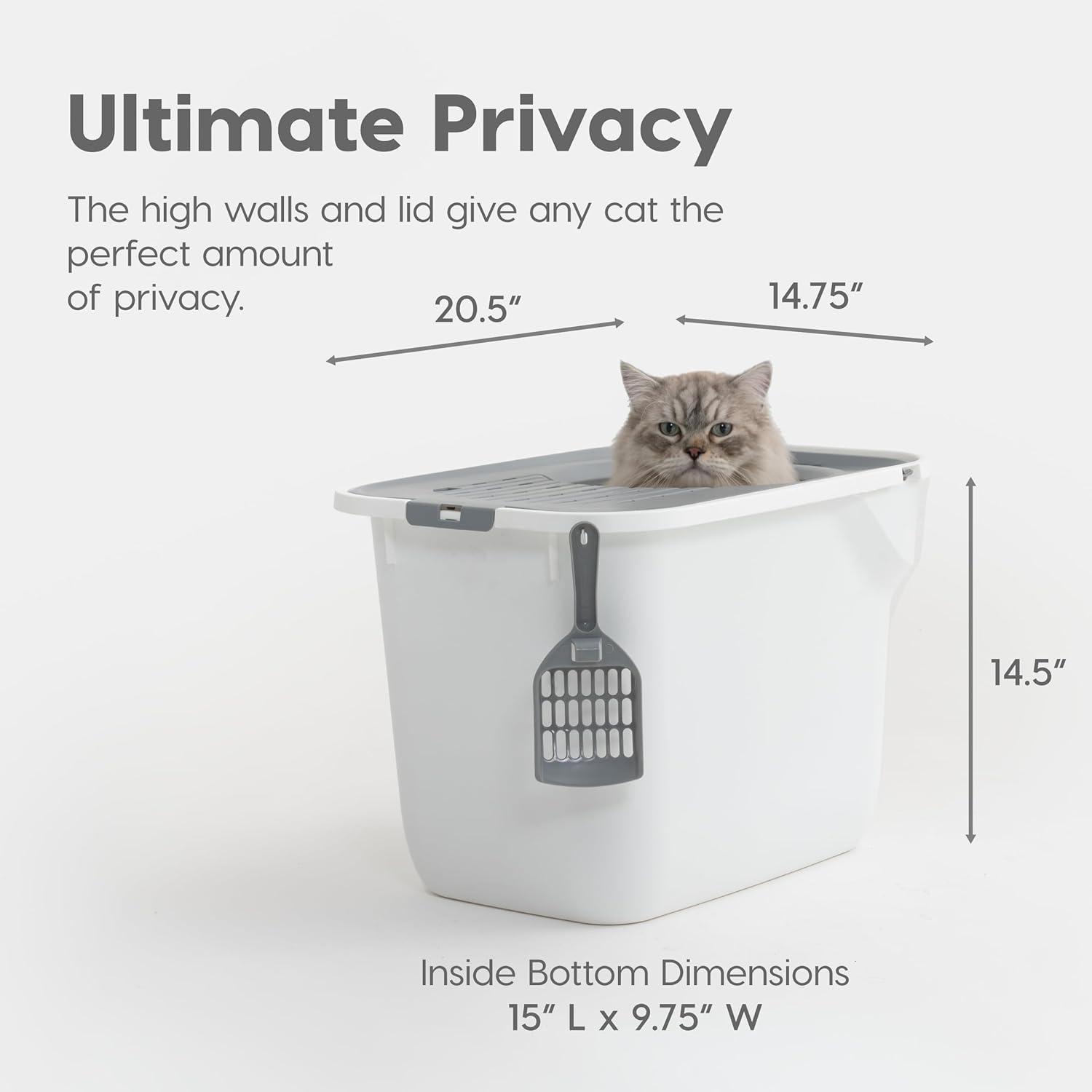 White and Gray Top Entry Cat Litter Box with Scoop