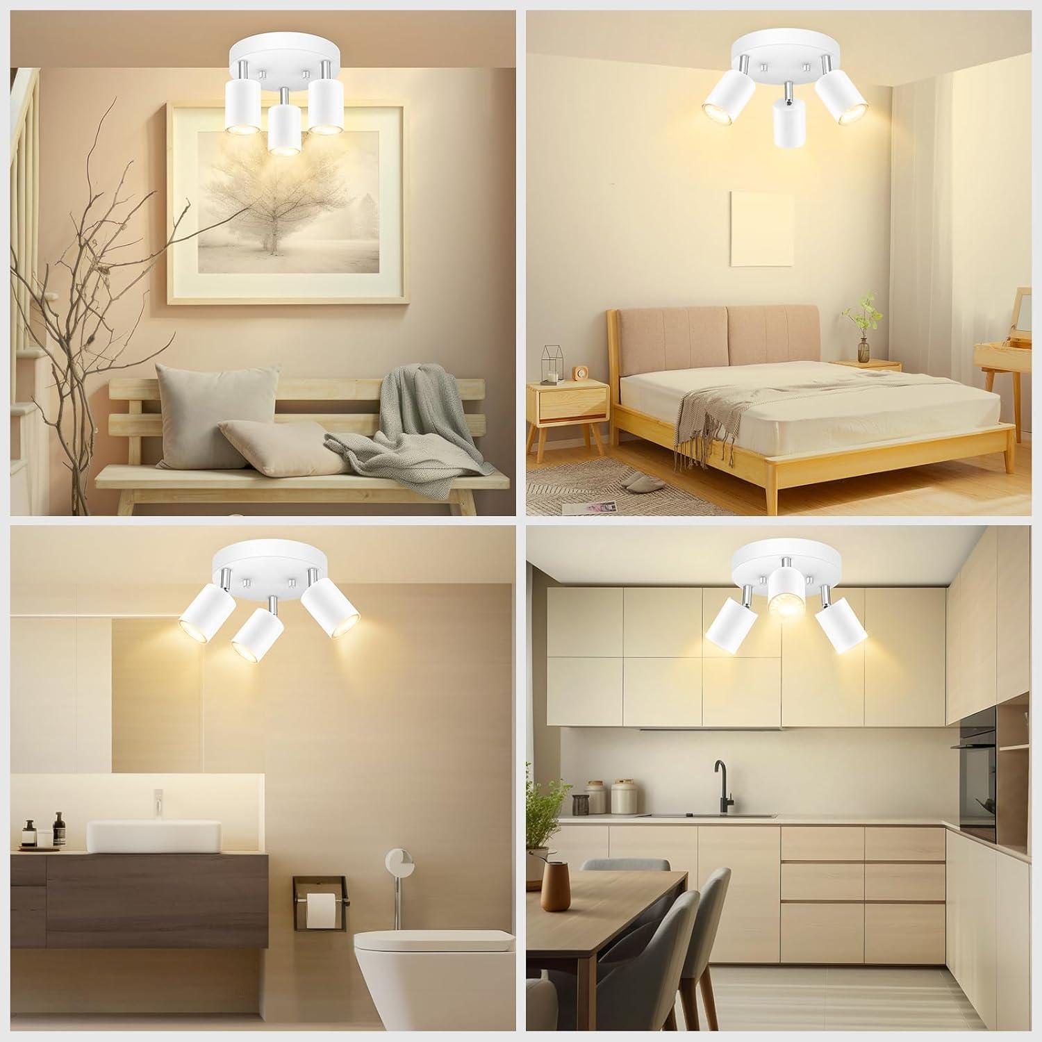 LED 3 Light Track Lighting Kit, LED Track Lighting Fixtures, White Round Ceiling Spot Lighting, Flexibly Rotatable Light Head for Kitchen, Living Room, Bedroom, GU10 Bulb Not Included