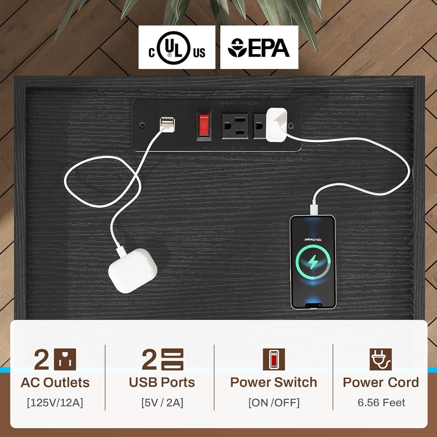 Afuhokles Black LED Nightstand with Charging Station, Night Stand 3 Drawers with Open Storage, Side Table with USB Ports and Outlets