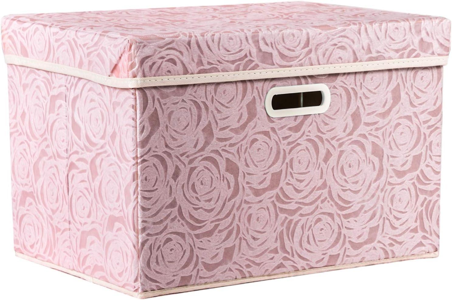 Pink Floral Fabric Collapsible Storage Cube with Lid