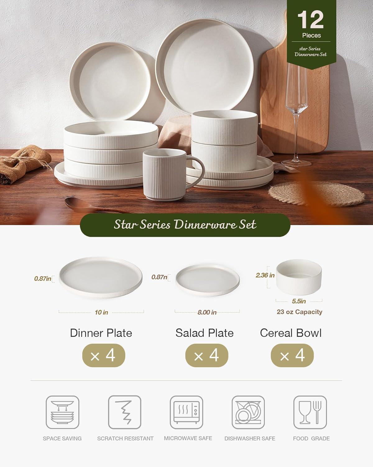Famiware Star Stoneware Dinnerware Sets, Plates and Bowls Set for 4, 12 Piece Dish Set, Matte White