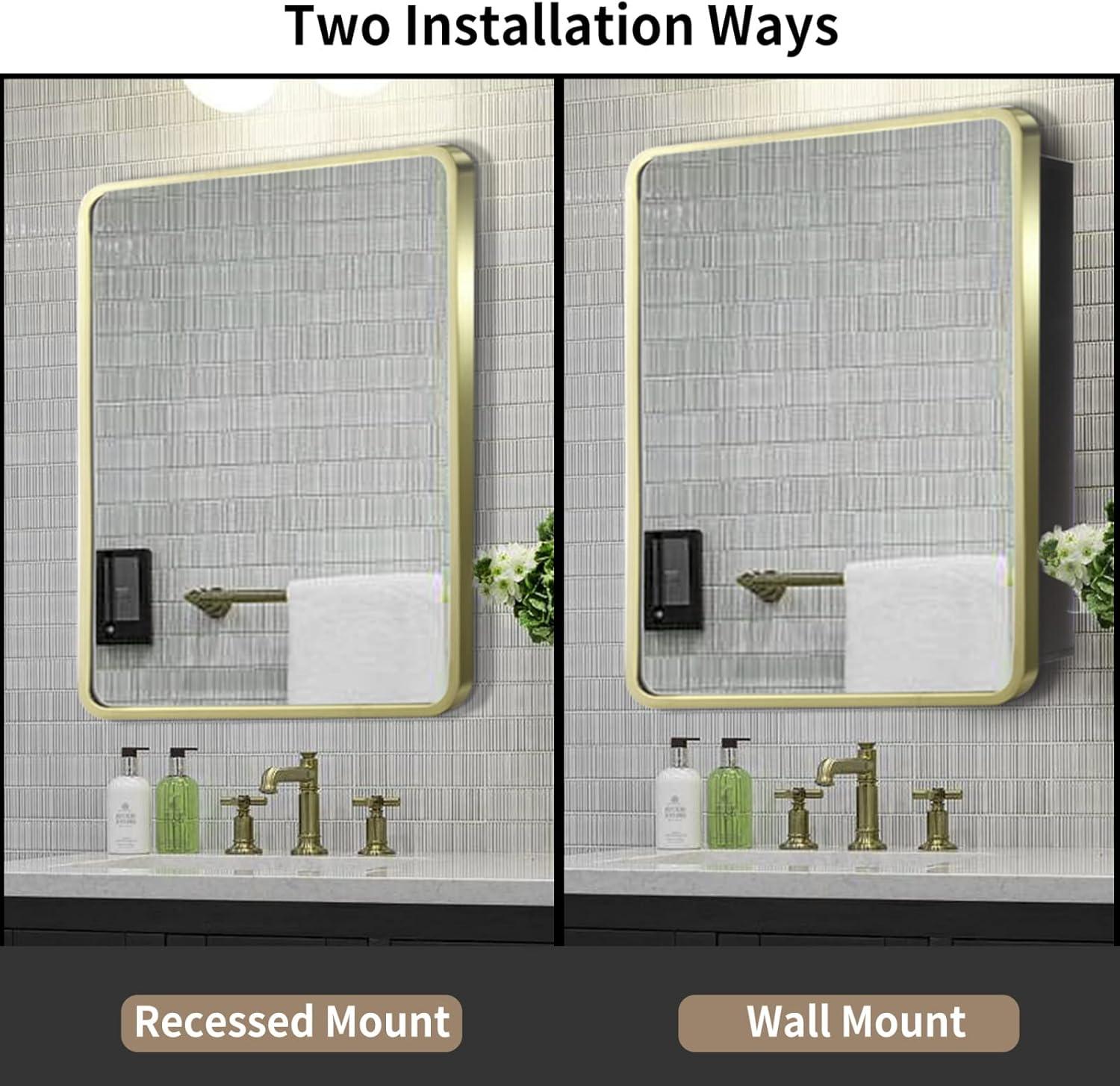 Movo Mirror Medicine Cabinet 20 Inch x 28 Inch Gold Metal Framed Bathroom Medicine Cabinet with Mirror Rectangle Recess or Surface Mount Installation
