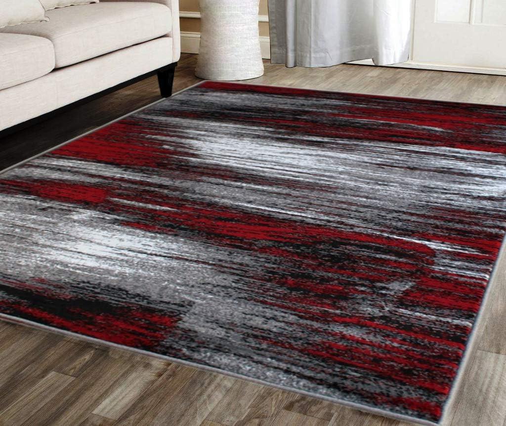 BizChair Modern Contemporary Area Rug, Red Grey Black (5 Feet X 7 Feet)