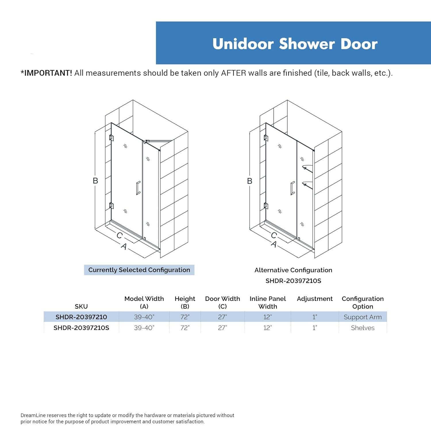 Unidoor 39" W x 72" HHinged Frameless Shower Door with ClearMax™ Technology