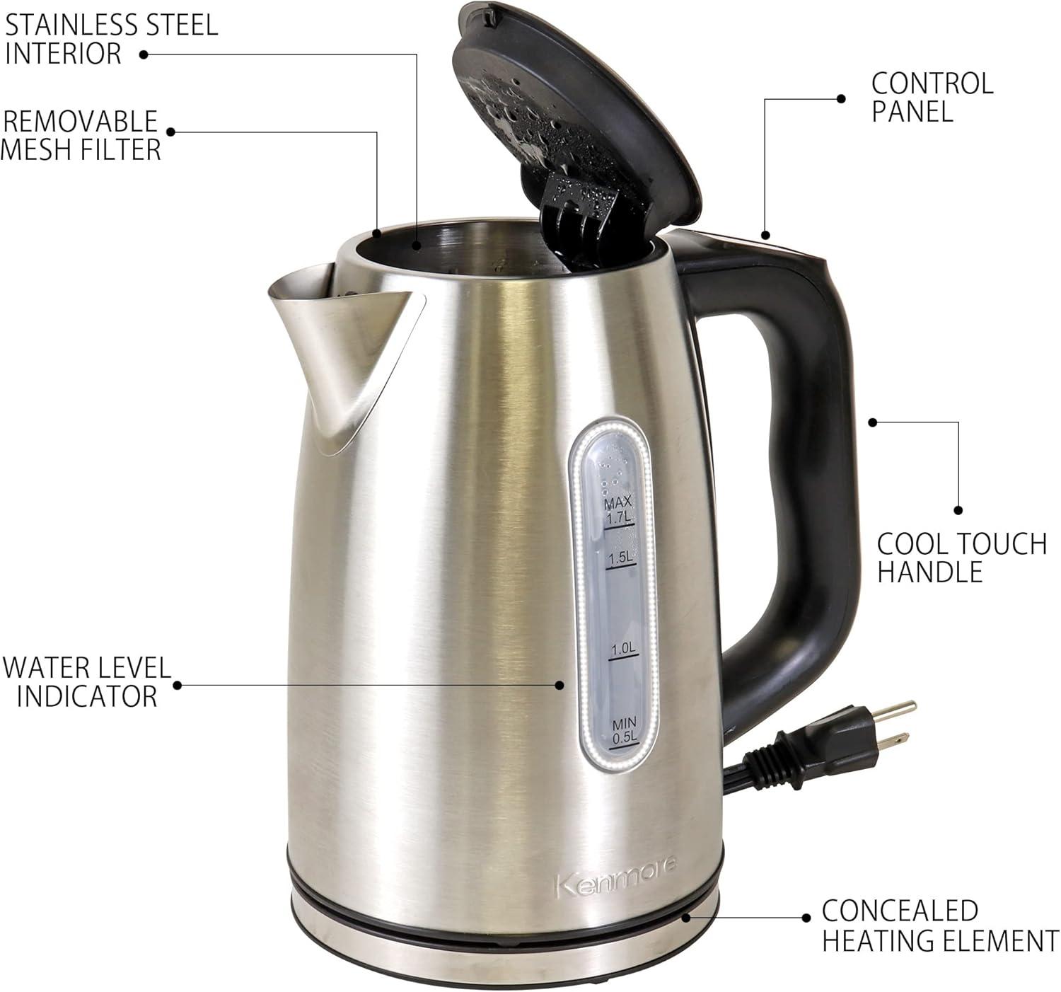 Kenmore 1.7 Qt. Electric Tea Kettle with 6 Temperature Pre-Sets, Cordless