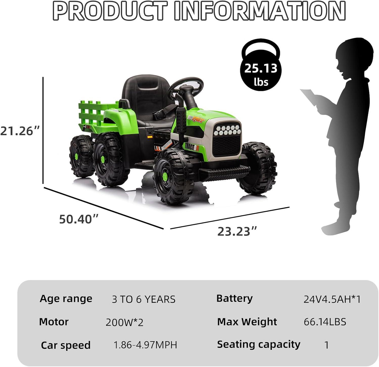 Green 12V Ride-On Tractor with Trailer and Remote Control