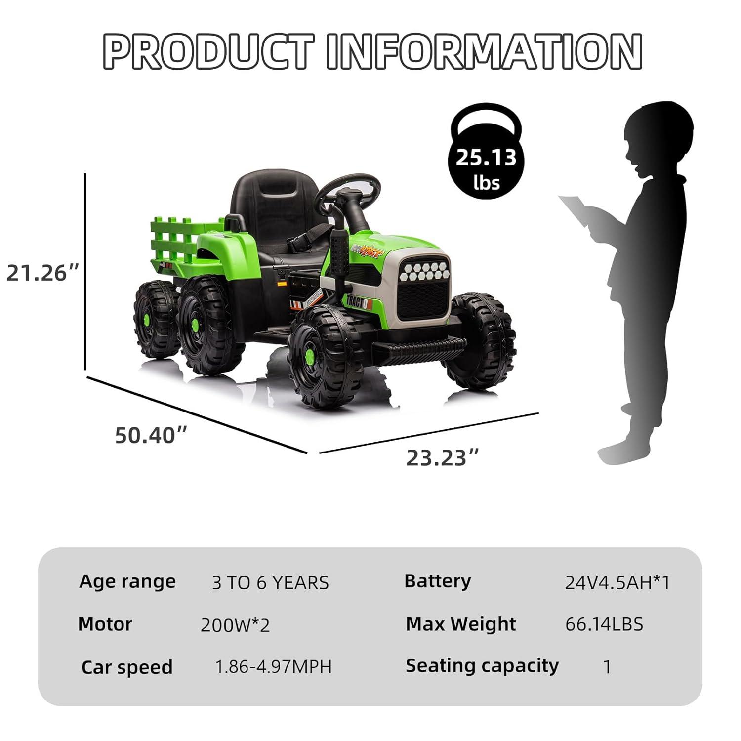 24V 400W Powered Electric Tractor for Kids, 3-Speed Ride On Tractor with Remote Control, USB/MP3/Bluetooth, LED Lights, Safety Belt, 1.86-4.97 MPH，Green
