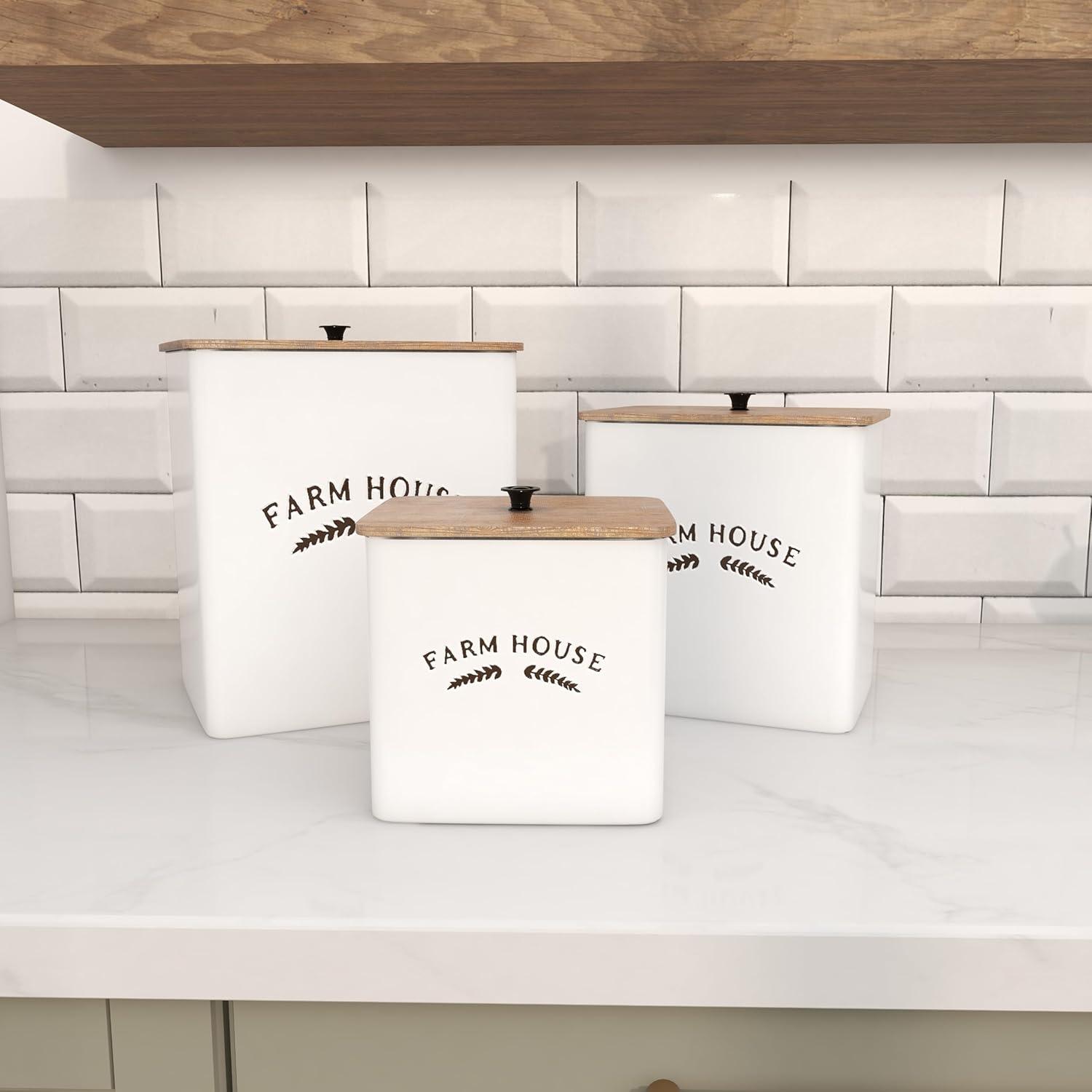 DecMode Farmhouse White Metal Canisters with Natural Brown Lid, Set of 3 11" , 9", 7"H