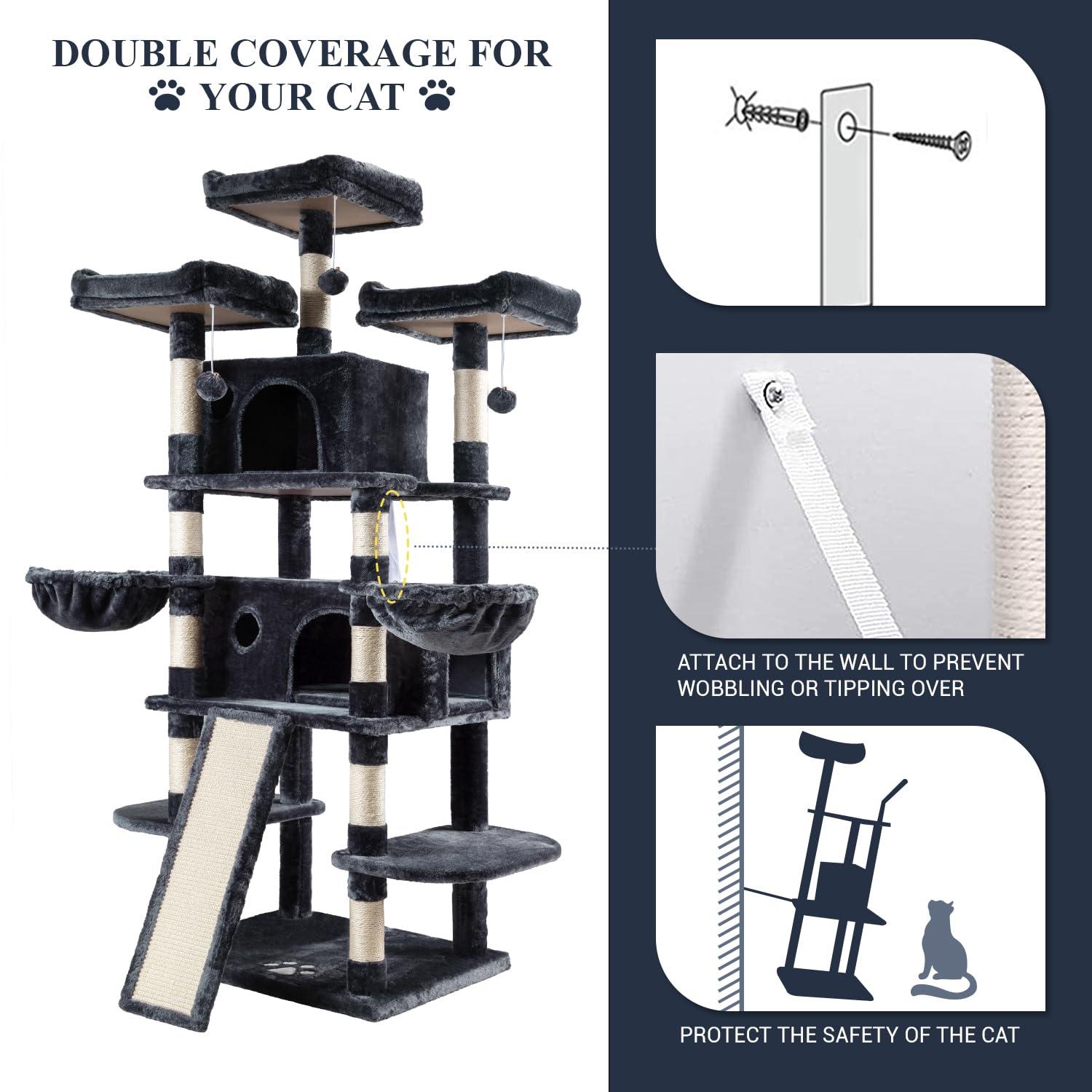 Allewie 68 Inches Cat Tree/House and Towers for Big Feline/Scratching Post/Multi-Level Large Kitty Climbing Tree with Condo/Smokey Grey