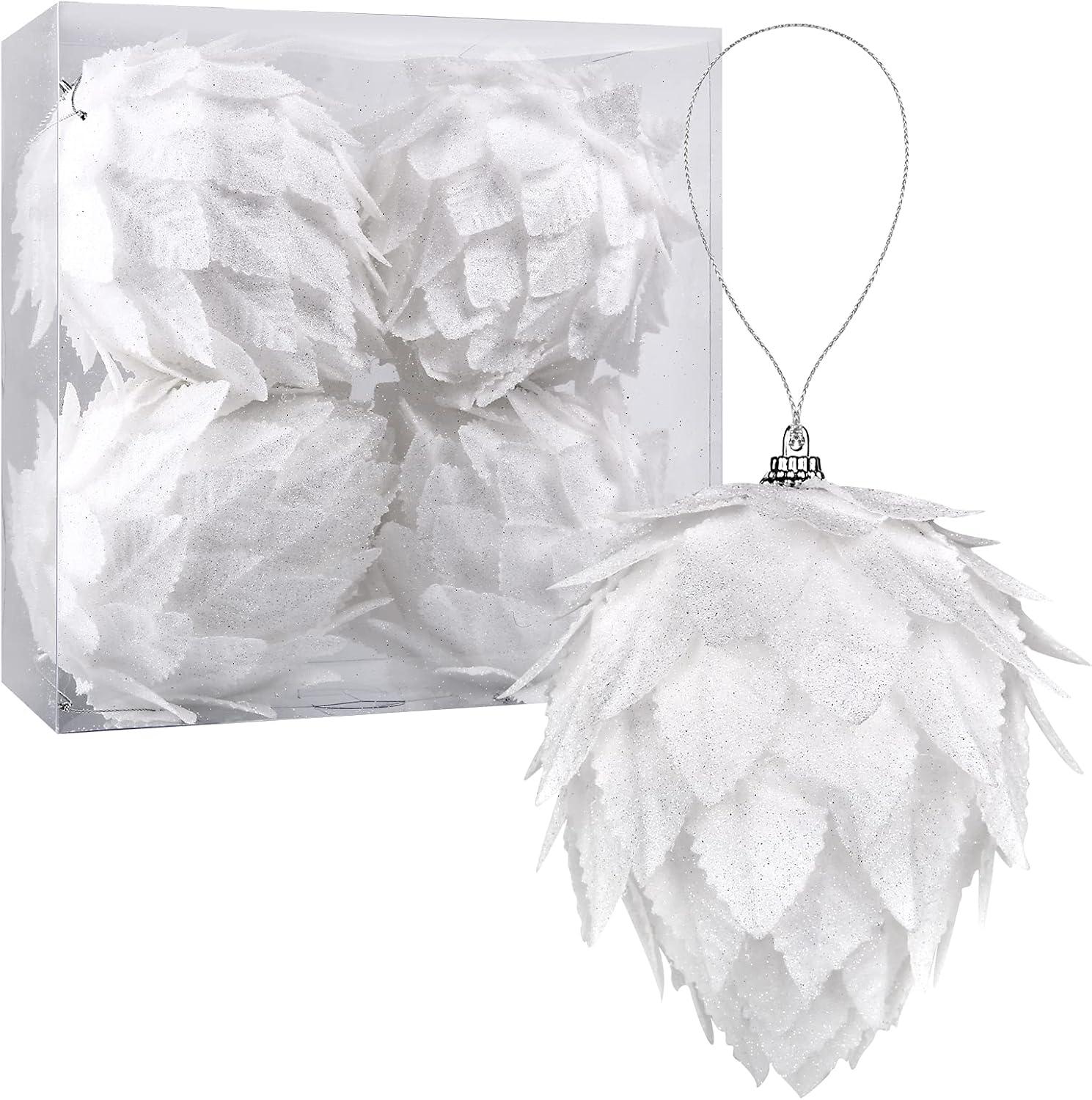 White Pinecone Plastic Christmas Ball Ornament Set, 4-Piece