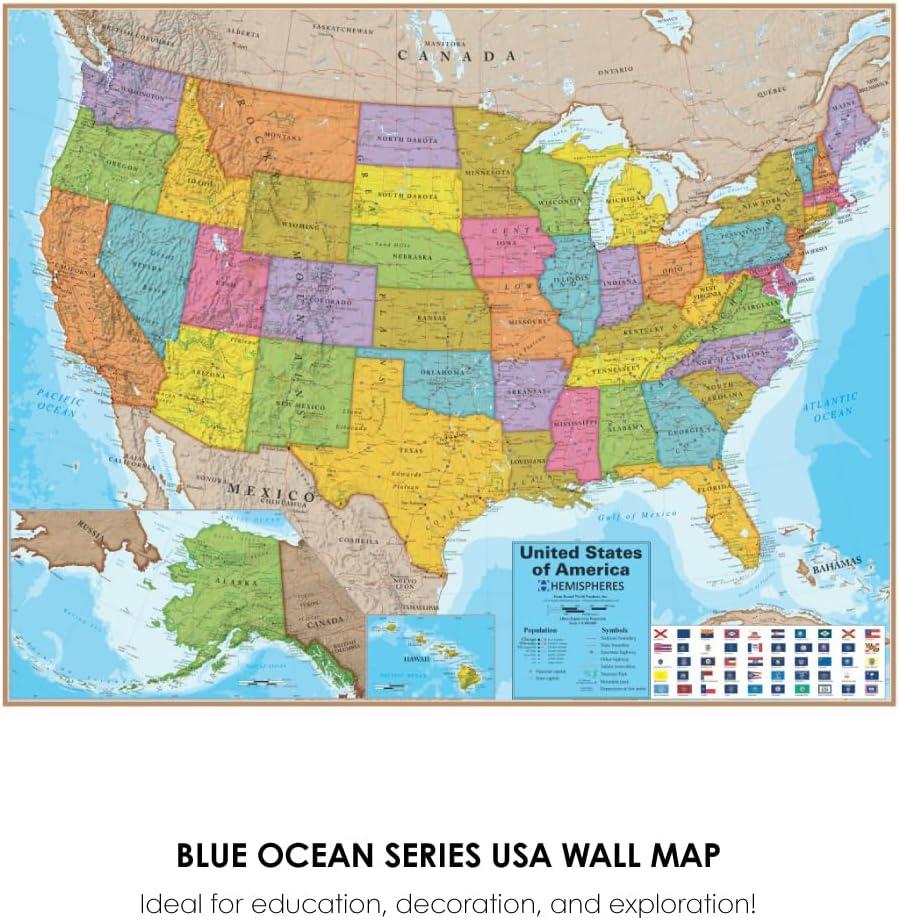 Hemispheres® Blue Ocean Series USA Laminated Wall Map, 38" x 48"