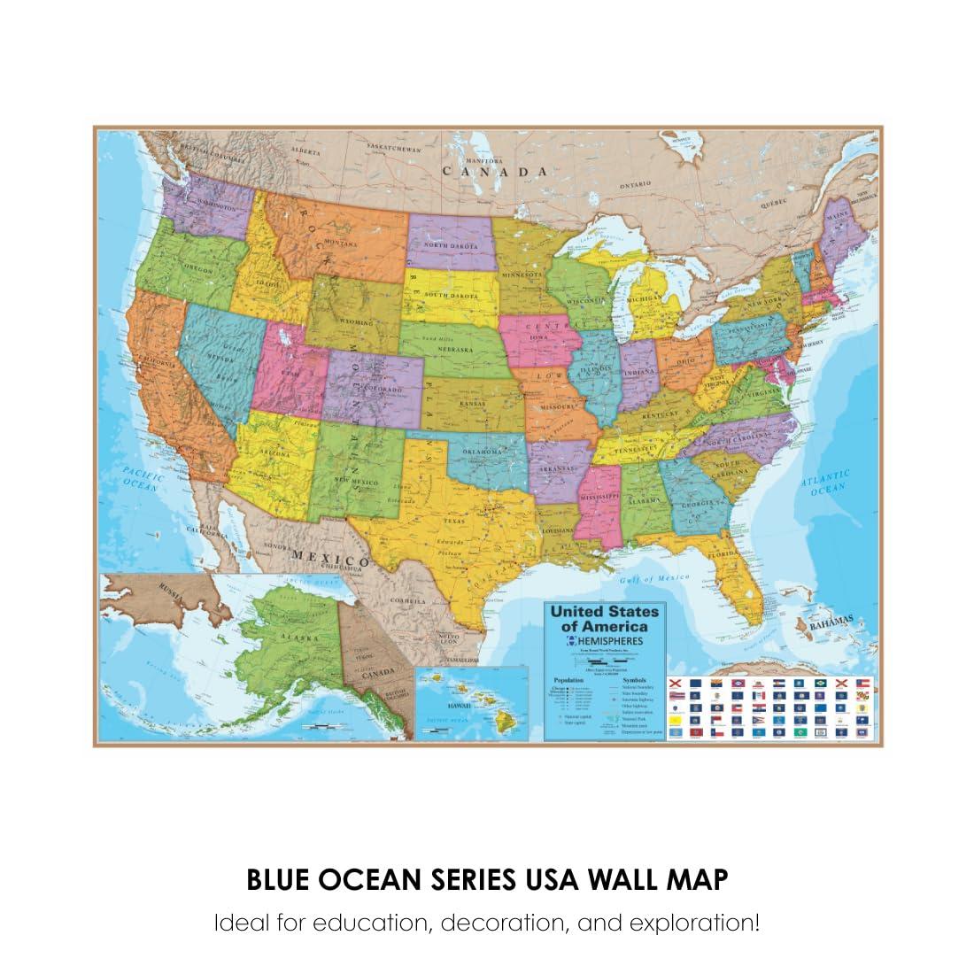 Hemispheres® Blue Ocean Series USA Laminated Wall Map, 38" x 48"