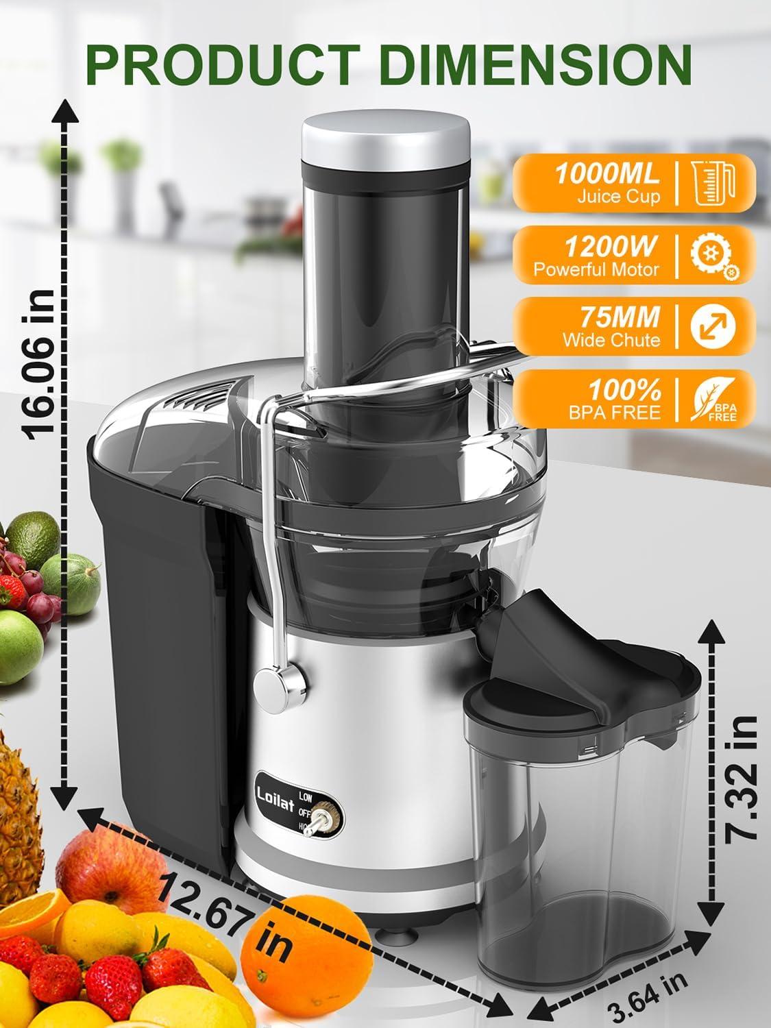 Juicer Machine, 1200W Juicer with 3" Feed Chute for Whole Fruits and Veg, Dual Speeds Centrifugal Juice Extractor, High Juice Yield, Full Copper Motor, Easy to Clean, BPA Free, JE2106
